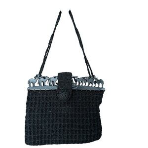Vintage Black Crocheted Knit with Carved Camels Design Frame Handbag